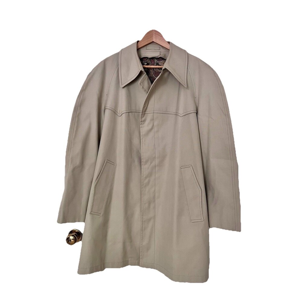 Vintage London Fog Mid Length Khaki Trench Coat Sz 44 Regular Paisley Lining